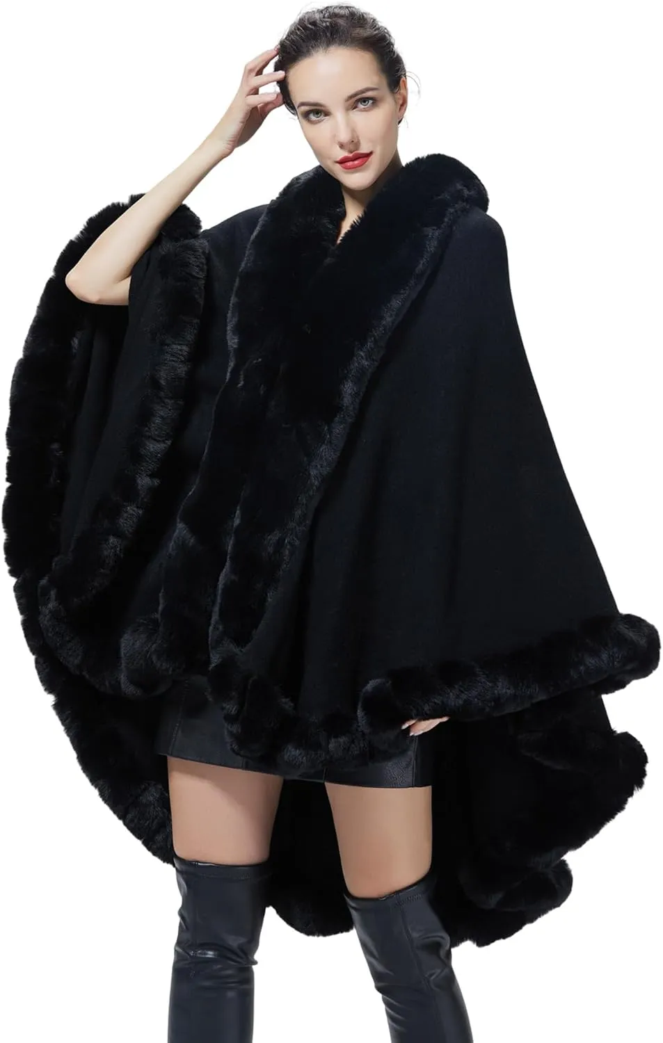 Faux Fur Shawl Wrap Women Poncho Cape Faux Fur Trim Coat Sleeveless Cardigan Dressy Cloak for Party
