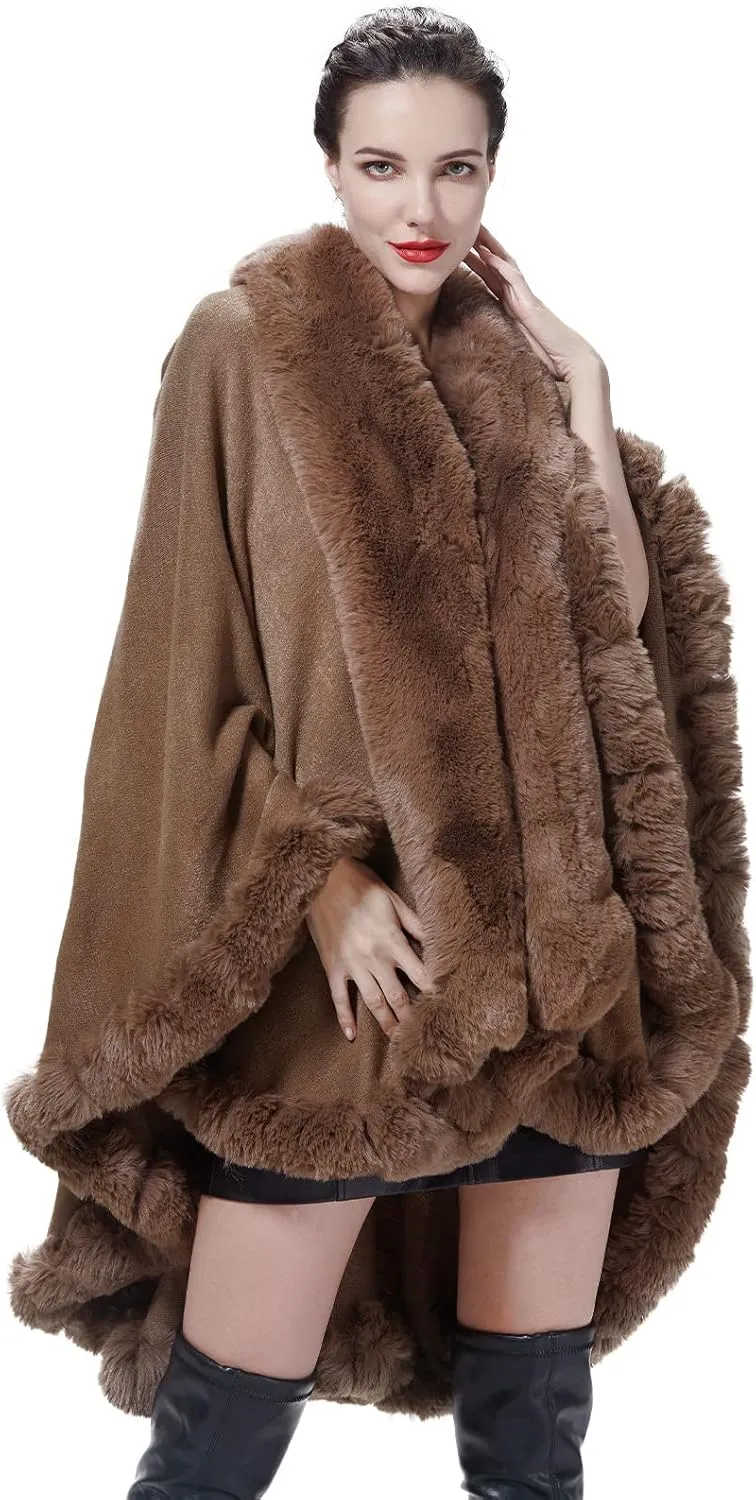 Faux Fur Shawl Wrap Women Poncho Cape Faux Fur Trim Coat Sleeveless Cardigan Dressy Cloak for Party