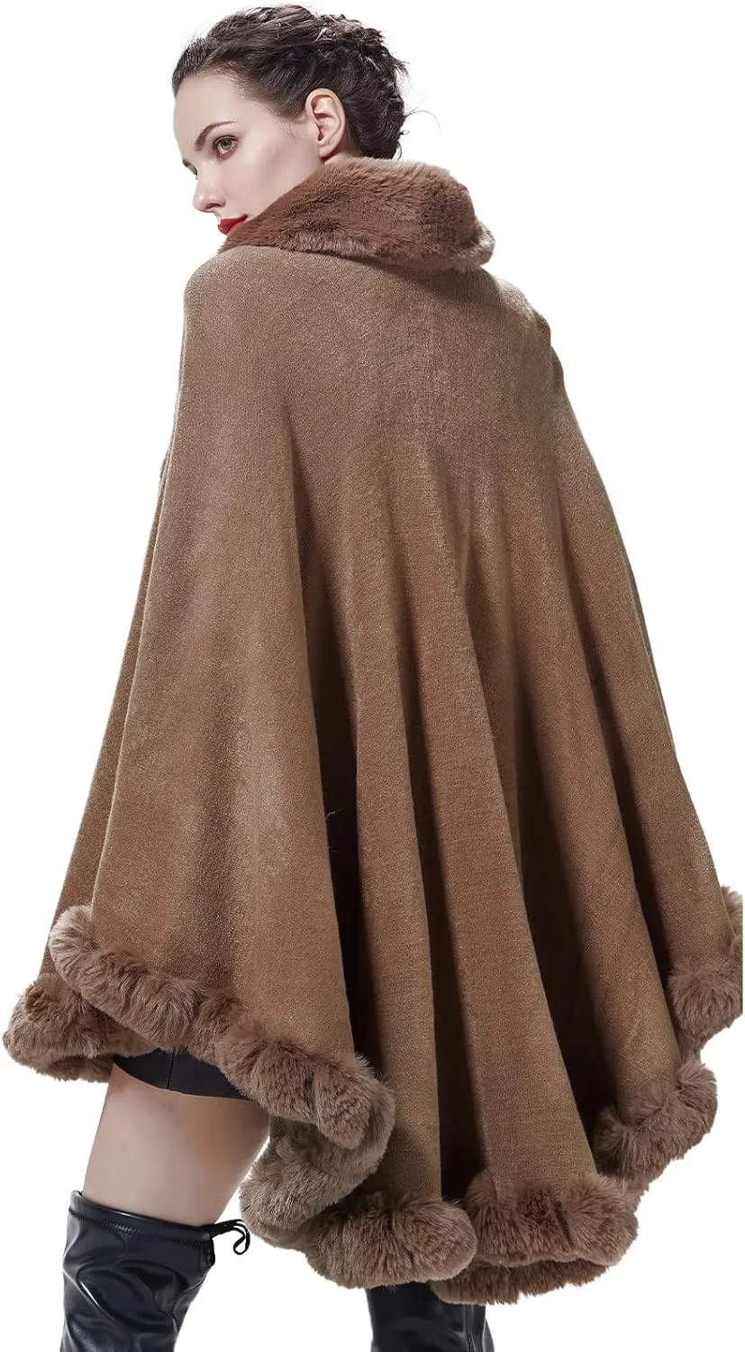 Faux Fur Shawl Wrap Women Poncho Cape Faux Fur Trim Coat Sleeveless Cardigan Dressy Cloak for Party