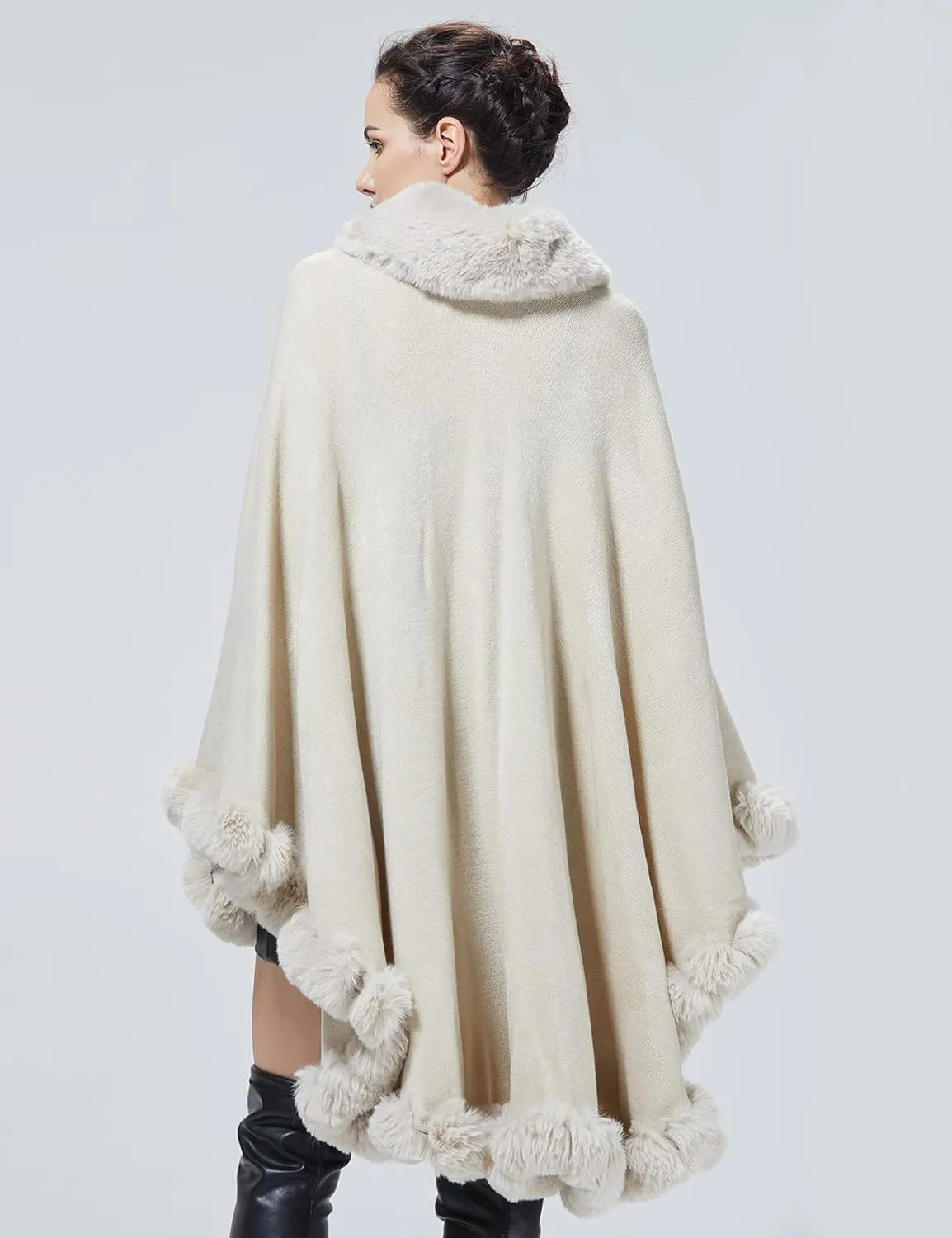 Faux Fur Shawl Wrap Women Poncho Cape Faux Fur Trim Coat Sleeveless Cardigan Dressy Cloak for Party