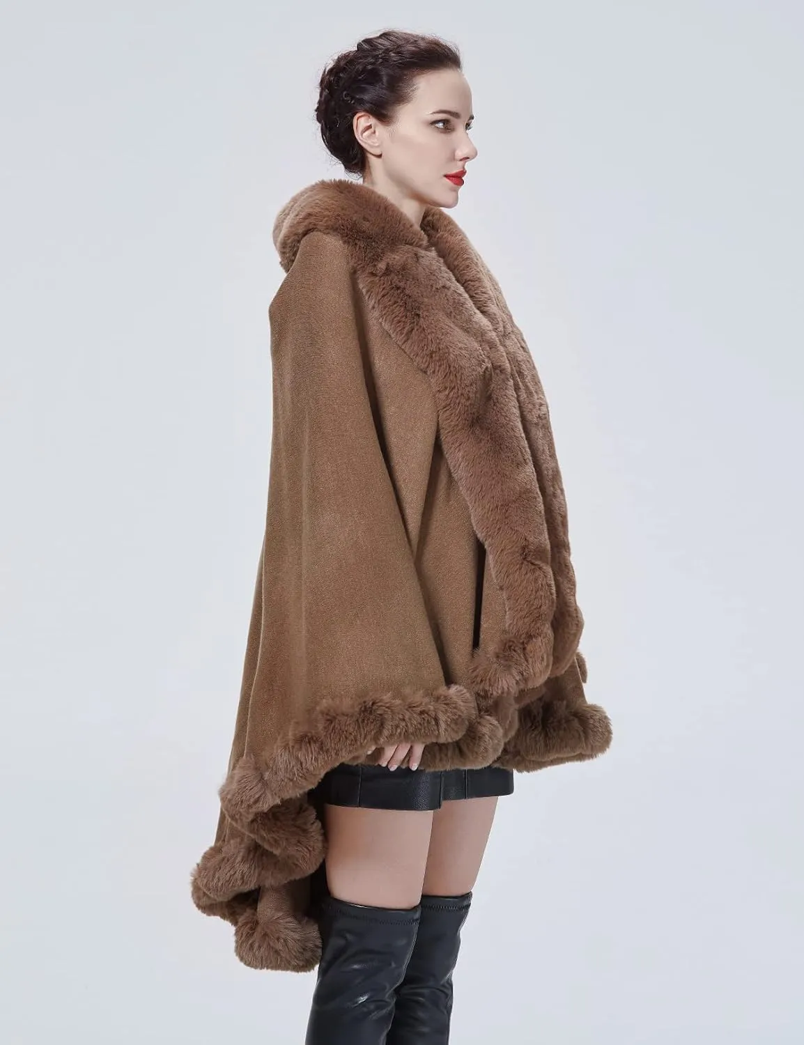 Faux Fur Shawl Wrap Women Poncho Cape Faux Fur Trim Coat Sleeveless Cardigan Dressy Cloak for Party