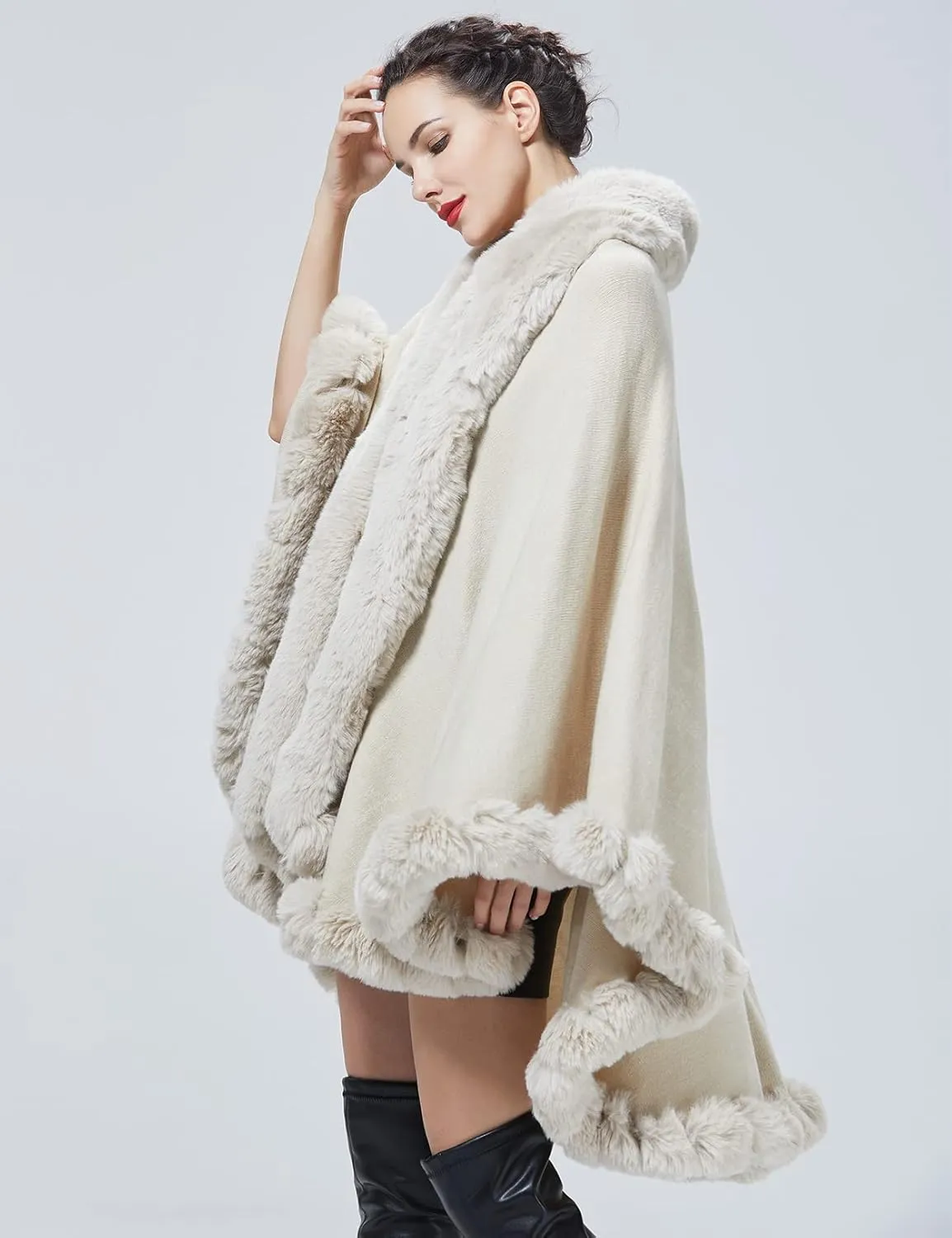 Faux Fur Shawl Wrap Women Poncho Cape Faux Fur Trim Coat Sleeveless Cardigan Dressy Cloak for Party