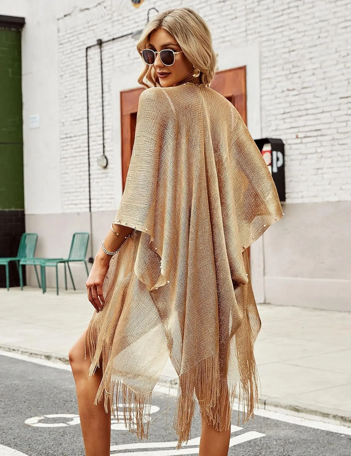 Ferand Women's Pearl Fringe Kimono Cardigan Sheer Loose Swim Cover Up for Beach, Pool, and Vacation