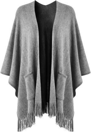Ferand Women's Shawl Wraps with Pockets Open Front Fringe Poncho Cozy Knit Lightweight Cardigan Sweater