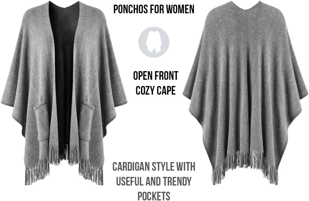 Ferand Women's Shawl Wraps with Pockets Open Front Fringe Poncho Cozy Knit Lightweight Cardigan Sweater