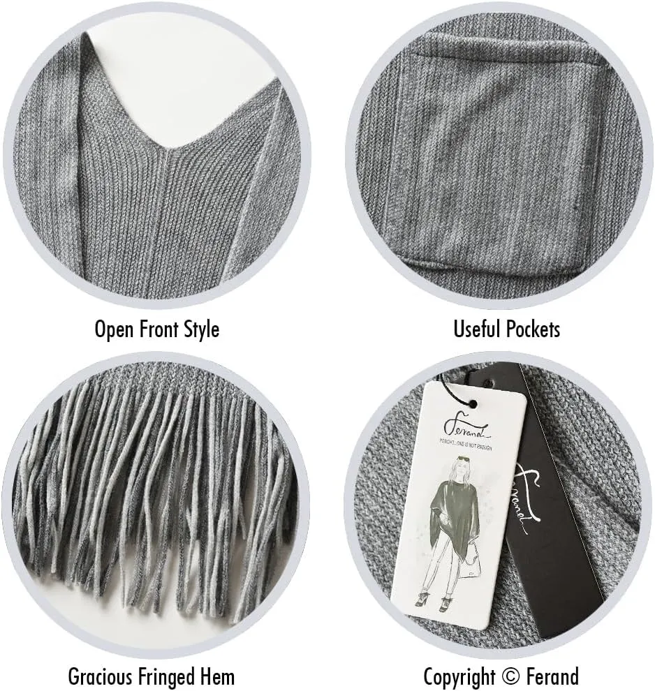 Ferand Women's Shawl Wraps with Pockets Open Front Fringe Poncho Cozy Knit Lightweight Cardigan Sweater
