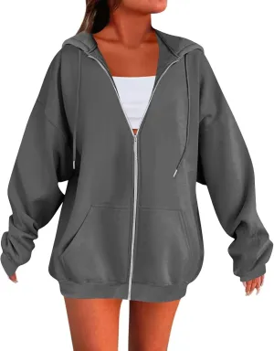Fleece Zip Up Hoodie Women Oversized Drawstring Hooded Sherpa Jacket Full Zipper Baggy Fuzzy Sweatshirts with Pockets