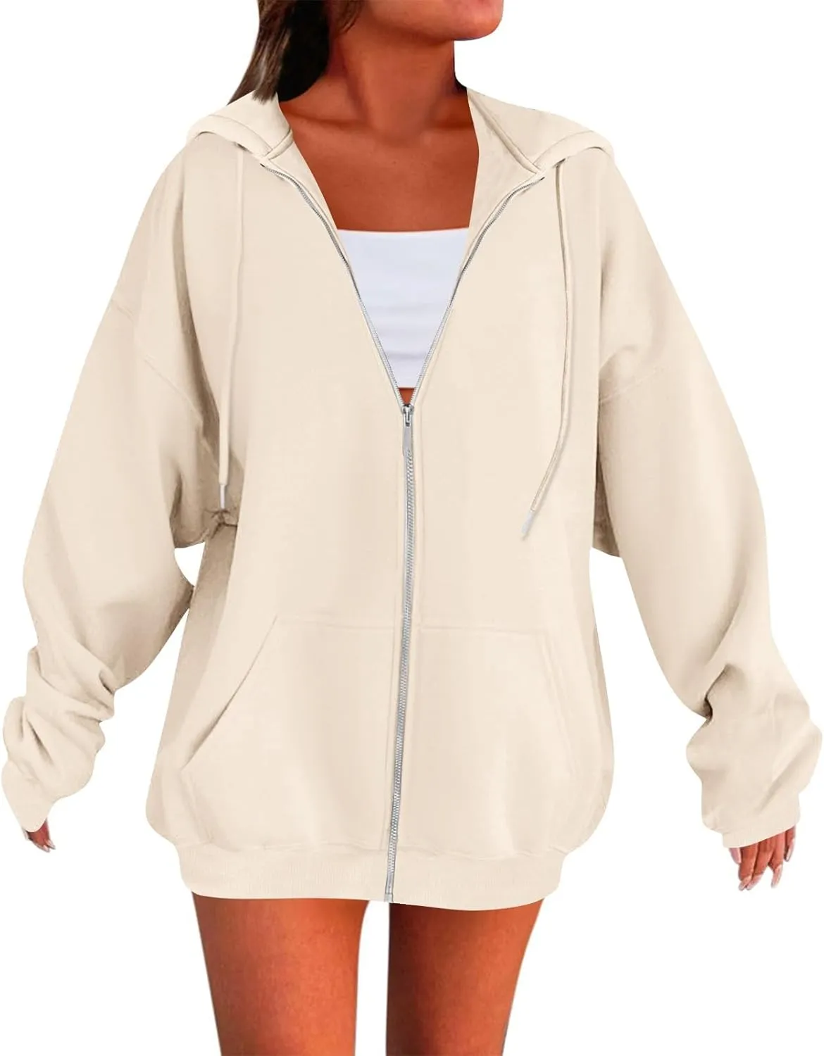 Fleece Zip Up Hoodie Women Oversized Drawstring Hooded Sherpa Jacket Full Zipper Baggy Fuzzy Sweatshirts with Pockets