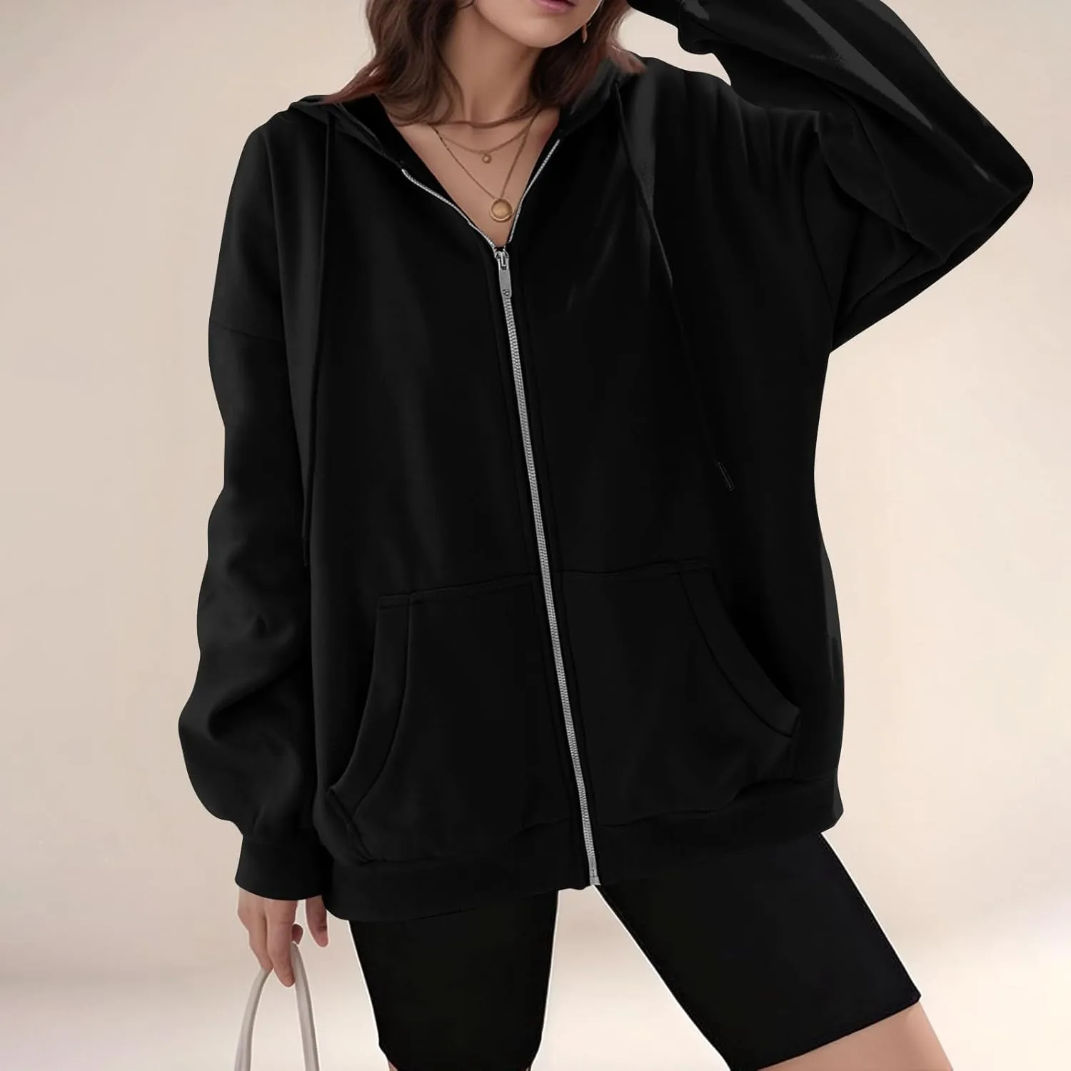 Fleece Zip Up Hoodie Women Oversized Drawstring Hooded Sherpa Jacket Full Zipper Baggy Fuzzy Sweatshirts with Pockets