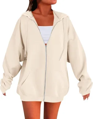 Fleece Zip Up Hoodie Women Oversized Drawstring Hooded Sherpa Jacket Full Zipper Baggy Fuzzy Sweatshirts with Pockets