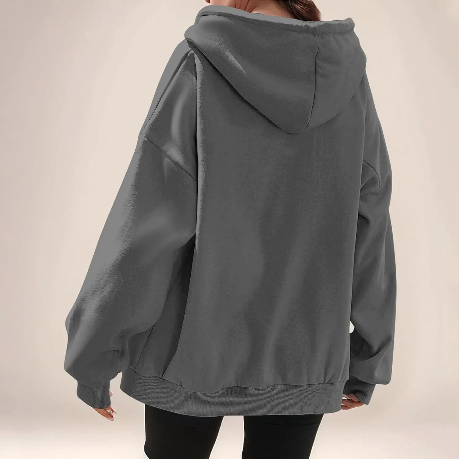 Fleece Zip Up Hoodie Women Oversized Drawstring Hooded Sherpa Jacket Full Zipper Baggy Fuzzy Sweatshirts with Pockets