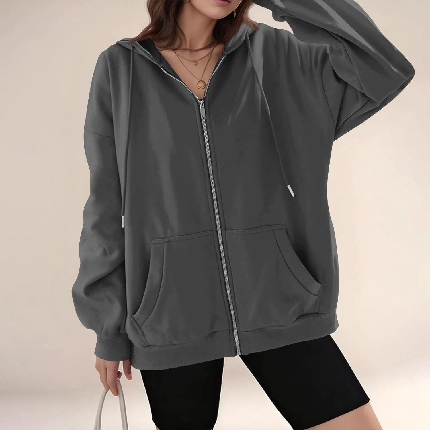 Fleece Zip Up Hoodie Women Oversized Drawstring Hooded Sherpa Jacket Full Zipper Baggy Fuzzy Sweatshirts with Pockets
