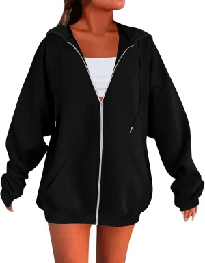 Fleece Zip Up Hoodie Women Oversized Drawstring Hooded Sherpa Jacket Full Zipper Baggy Fuzzy Sweatshirts with Pockets