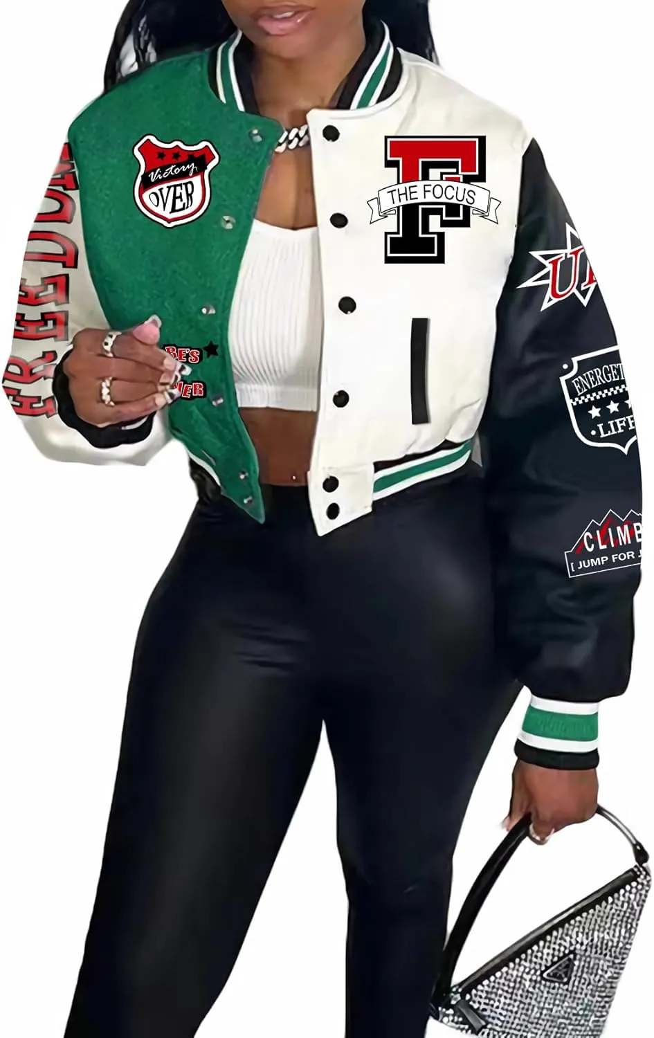 Flygo Varsity College Jacket Baseball Bomber Fr Varsity Jacket Vintage Sweatshirt Casual Unisex Streetwear(Green-XL)