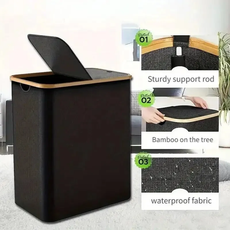 Foldable with lid, detachable double compartment, large capacity Oxford canvas dirty clothes basket storage box