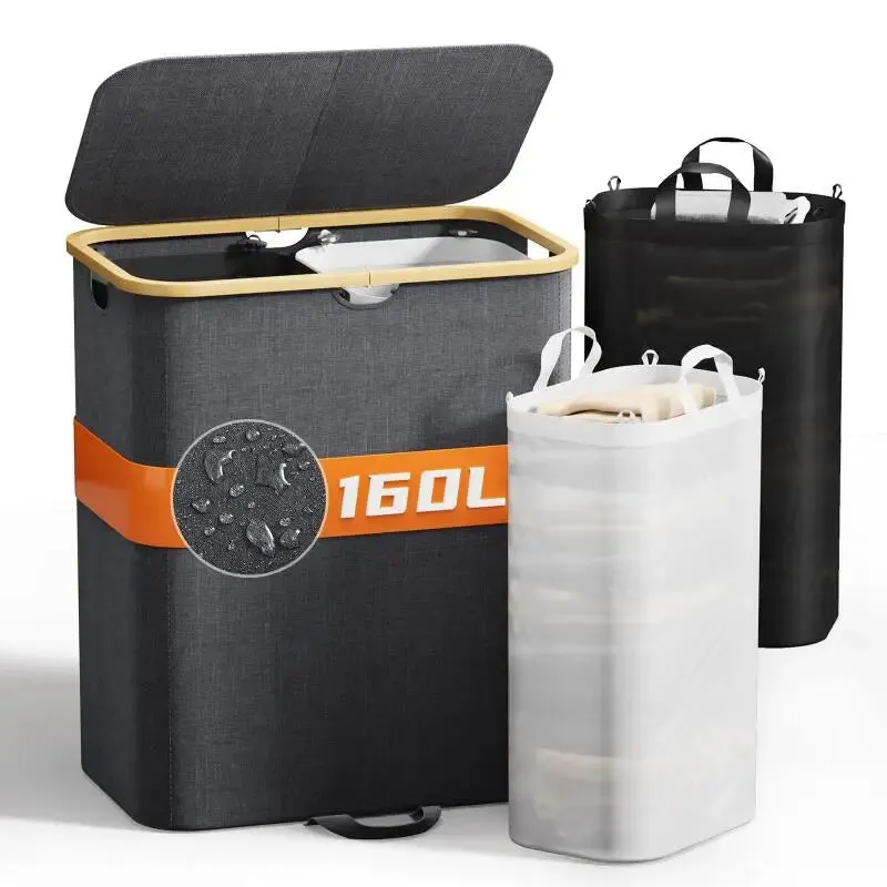 Foldable with lid, detachable double compartment, large capacity Oxford canvas dirty clothes basket storage box