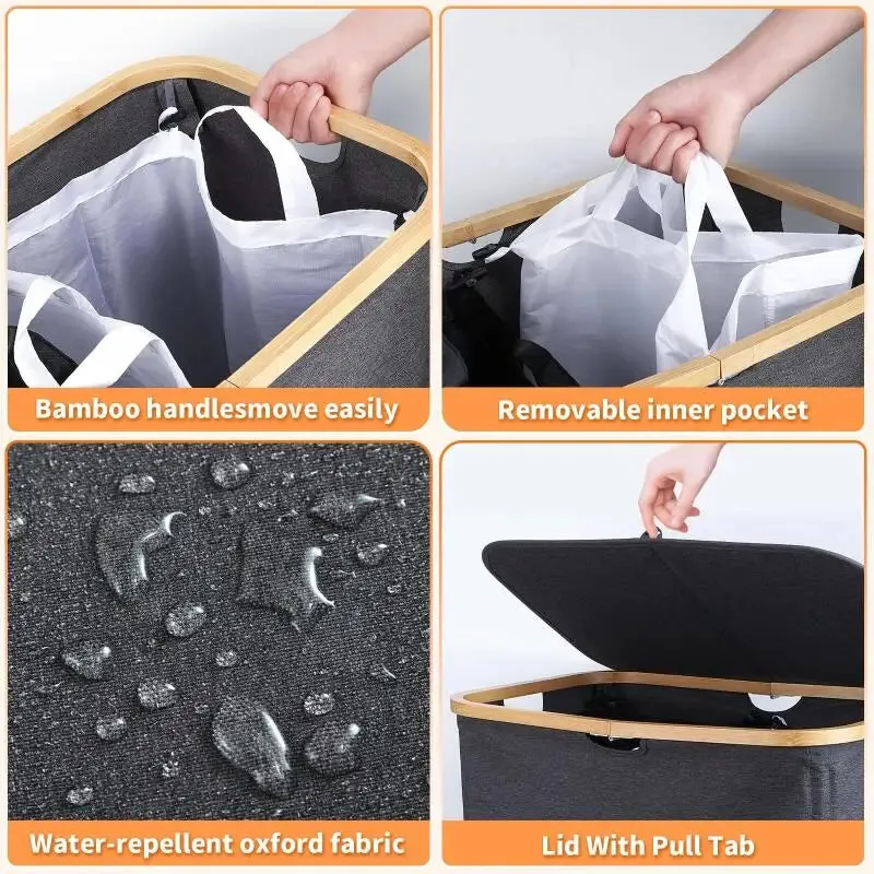 Foldable with lid, detachable double compartment, large capacity Oxford canvas dirty clothes basket storage box