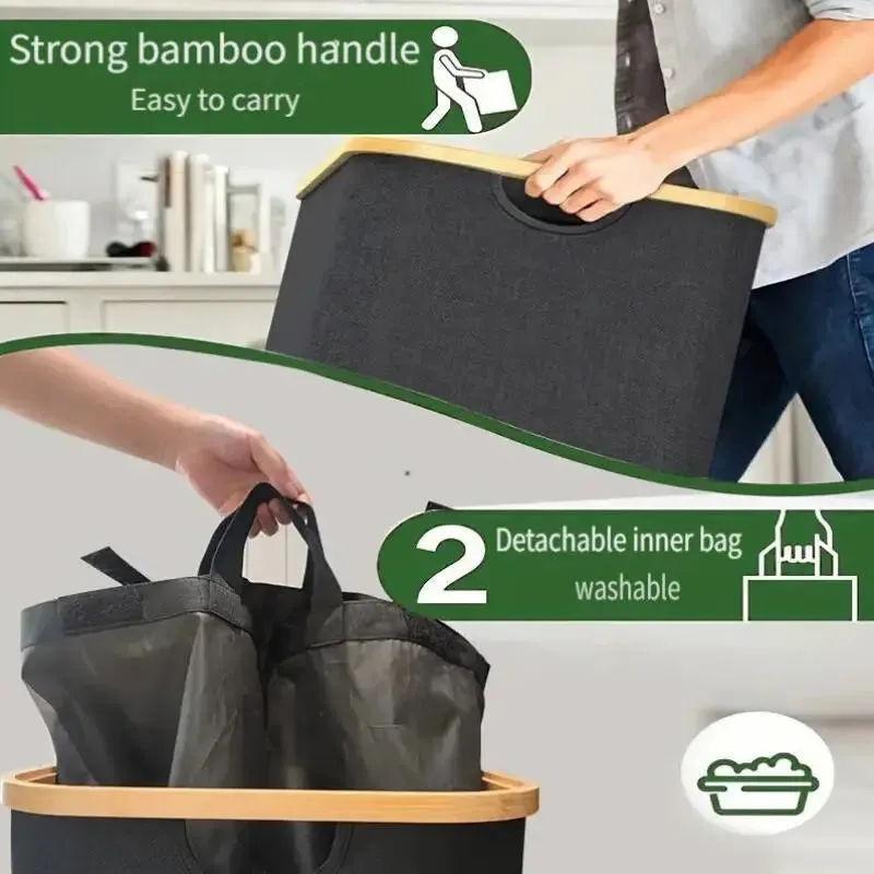 Foldable with lid, detachable double compartment, large capacity Oxford canvas dirty clothes basket storage box