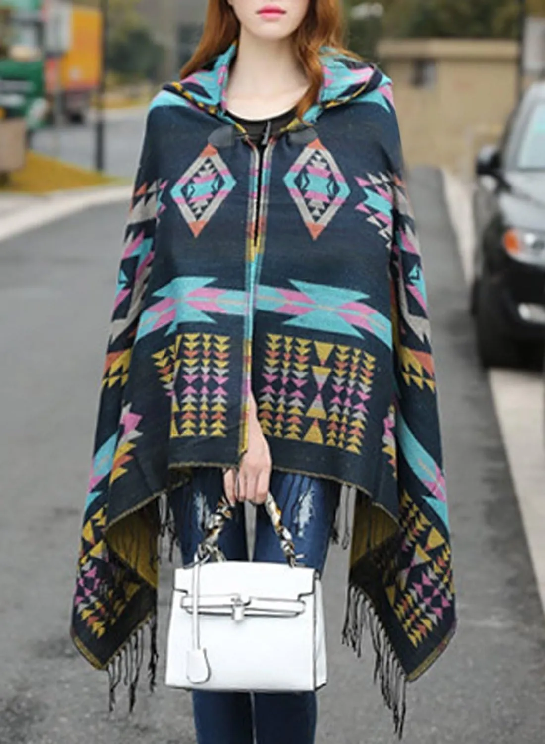 futurino Women's Bohemian Aztec Print Blanket Poncho Hoodie Cape Shawl with Tassels