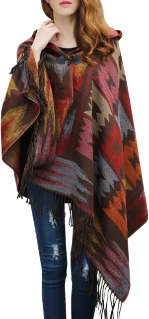 futurino Women's Bohemian Aztec Print Blanket Poncho Hoodie Cape Shawl with Tassels