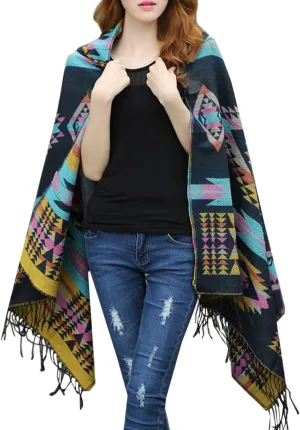 futurino Women's Bohemian Aztec Print Blanket Poncho Hoodie Cape Shawl with Tassels