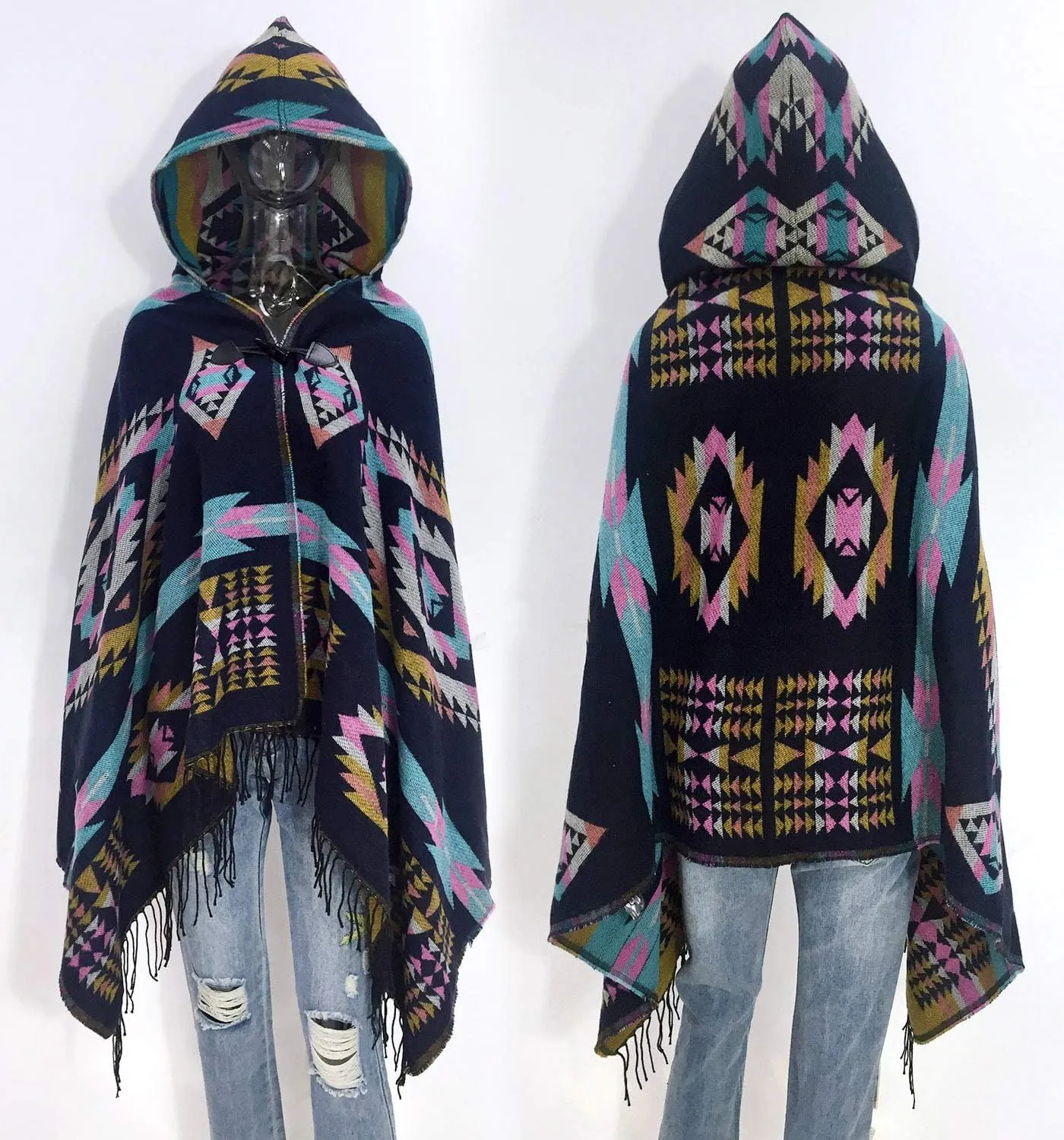 futurino Women's Bohemian Aztec Print Blanket Poncho Hoodie Cape Shawl with Tassels