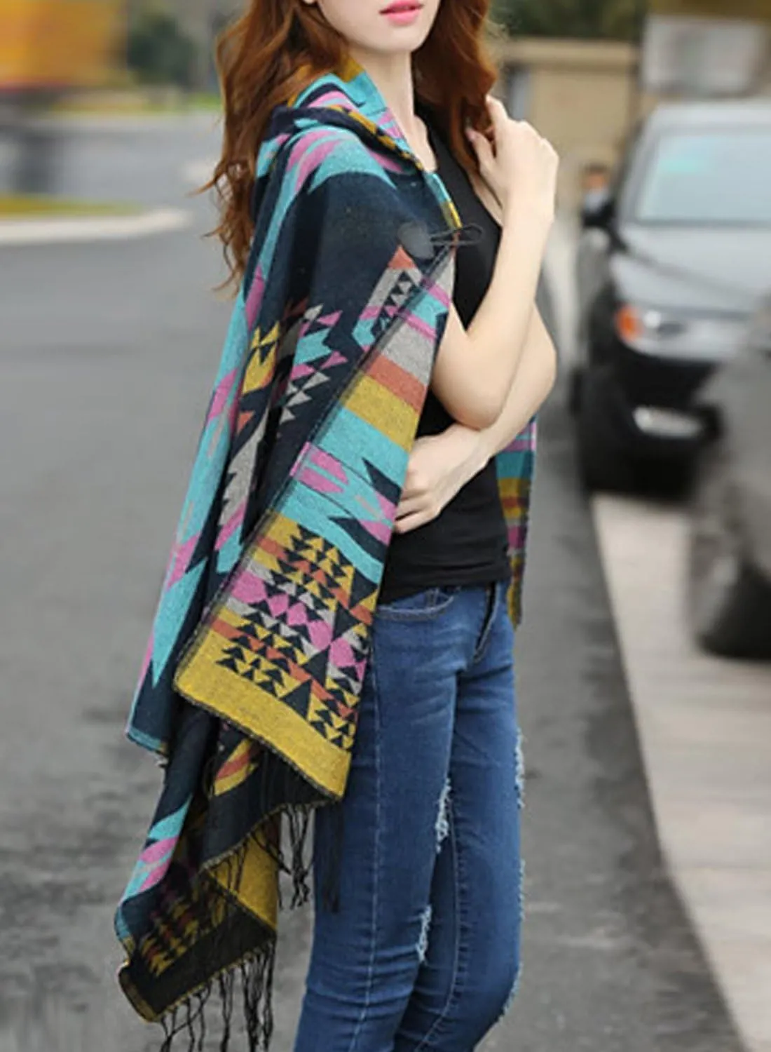 futurino Women's Bohemian Aztec Print Blanket Poncho Hoodie Cape Shawl with Tassels