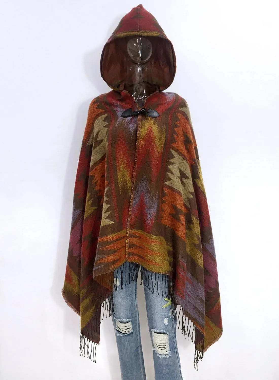 futurino Women's Bohemian Aztec Print Blanket Poncho Hoodie Cape Shawl with Tassels