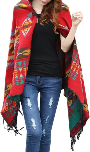 futurino Women's Bohemian Aztec Print Blanket Poncho Hoodie Cape Shawl with Tassels