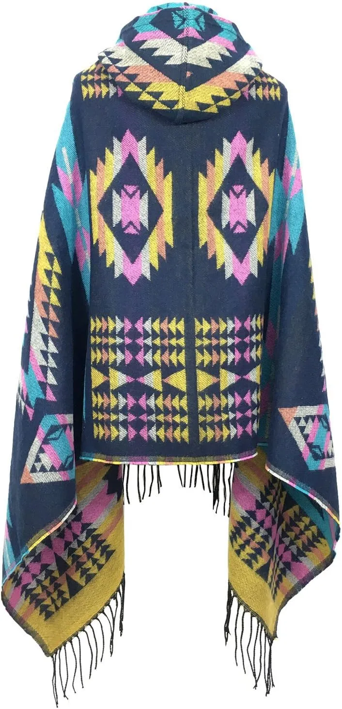 futurino Women's Bohemian Aztec Print Blanket Poncho Hoodie Cape Shawl with Tassels