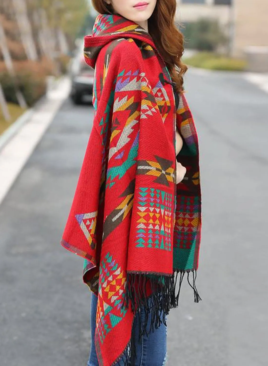 futurino Women's Bohemian Aztec Print Blanket Poncho Hoodie Cape Shawl with Tassels