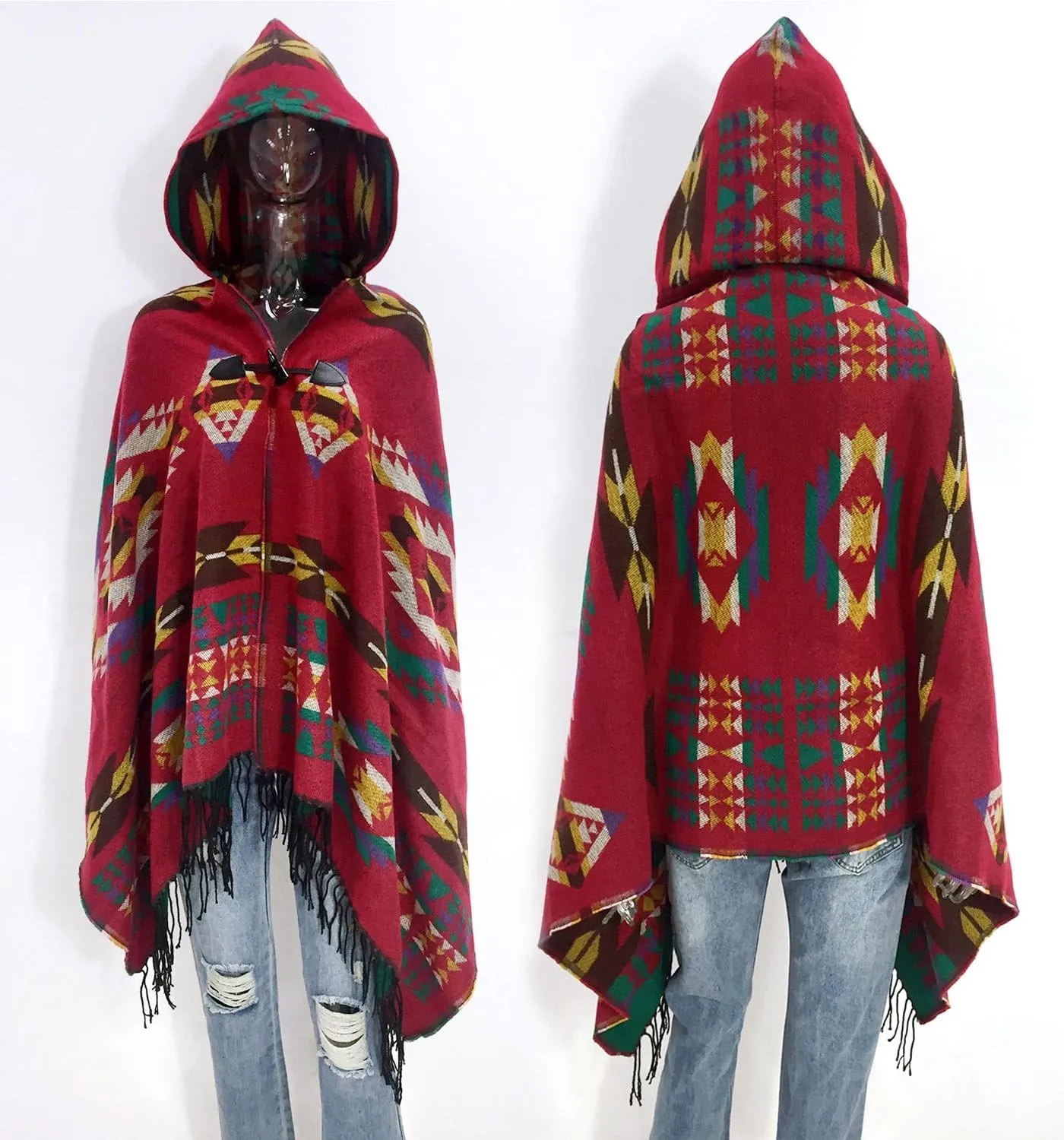 futurino Women's Bohemian Aztec Print Blanket Poncho Hoodie Cape Shawl with Tassels