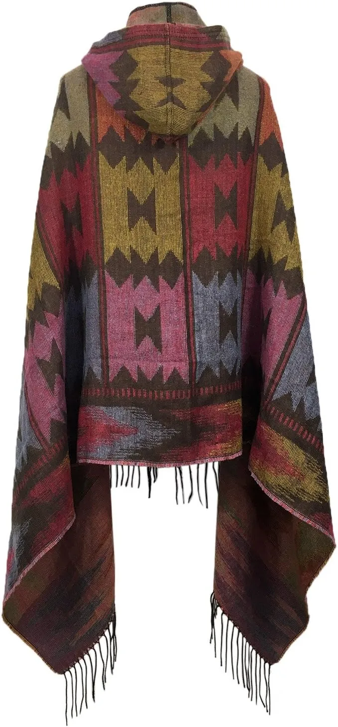 futurino Women's Bohemian Aztec Print Blanket Poncho Hoodie Cape Shawl with Tassels