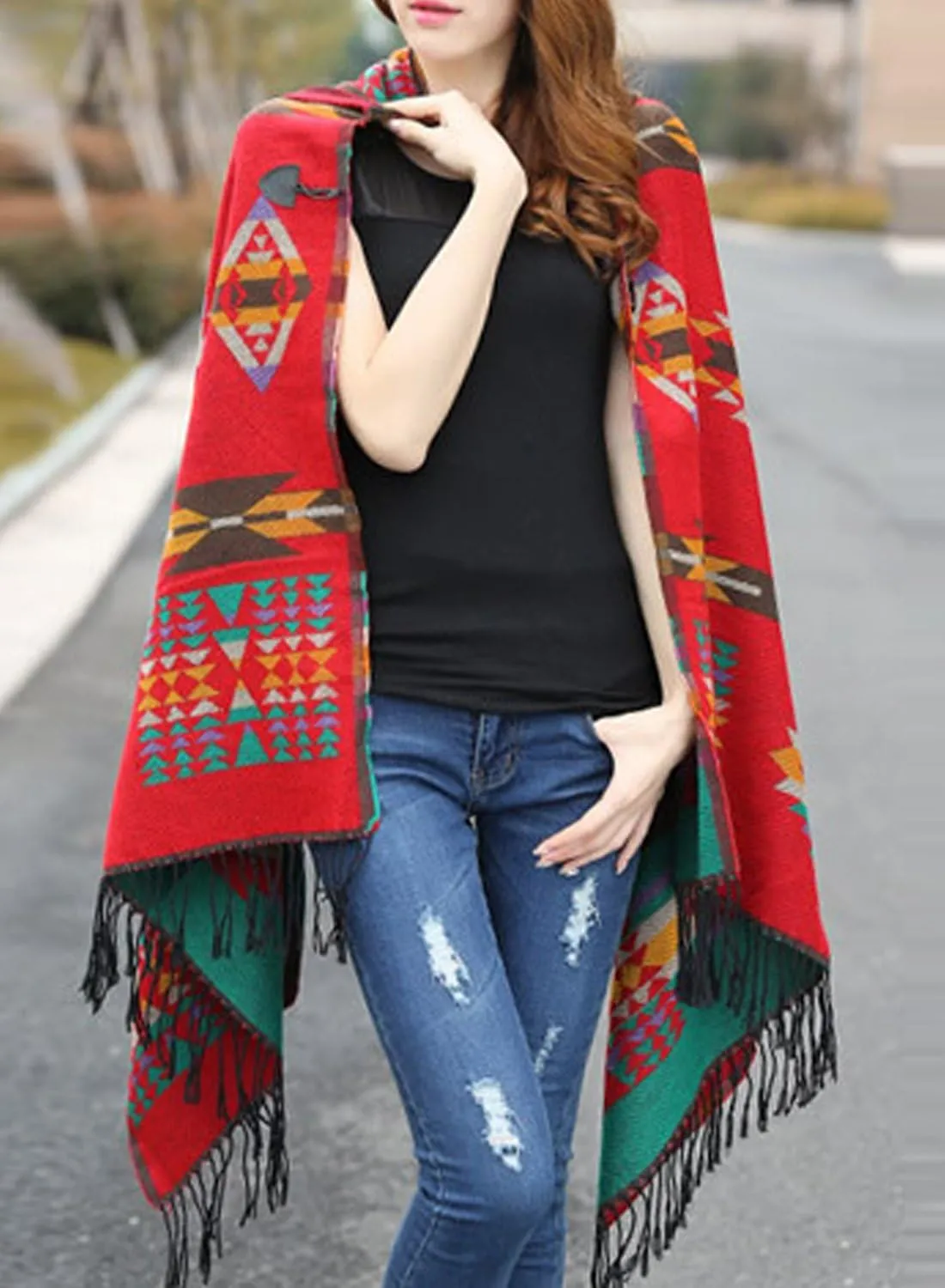 futurino Women's Bohemian Aztec Print Blanket Poncho Hoodie Cape Shawl with Tassels