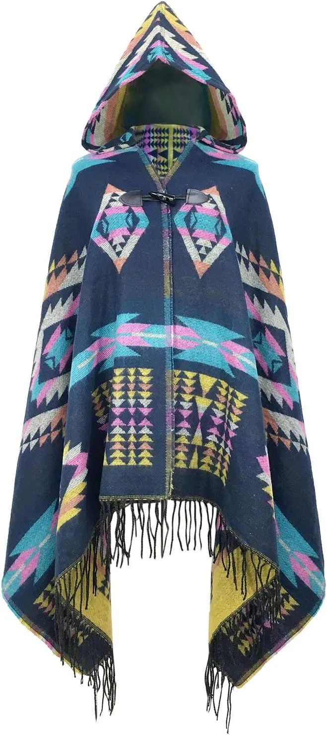 futurino Women's Bohemian Aztec Print Blanket Poncho Hoodie Cape Shawl with Tassels