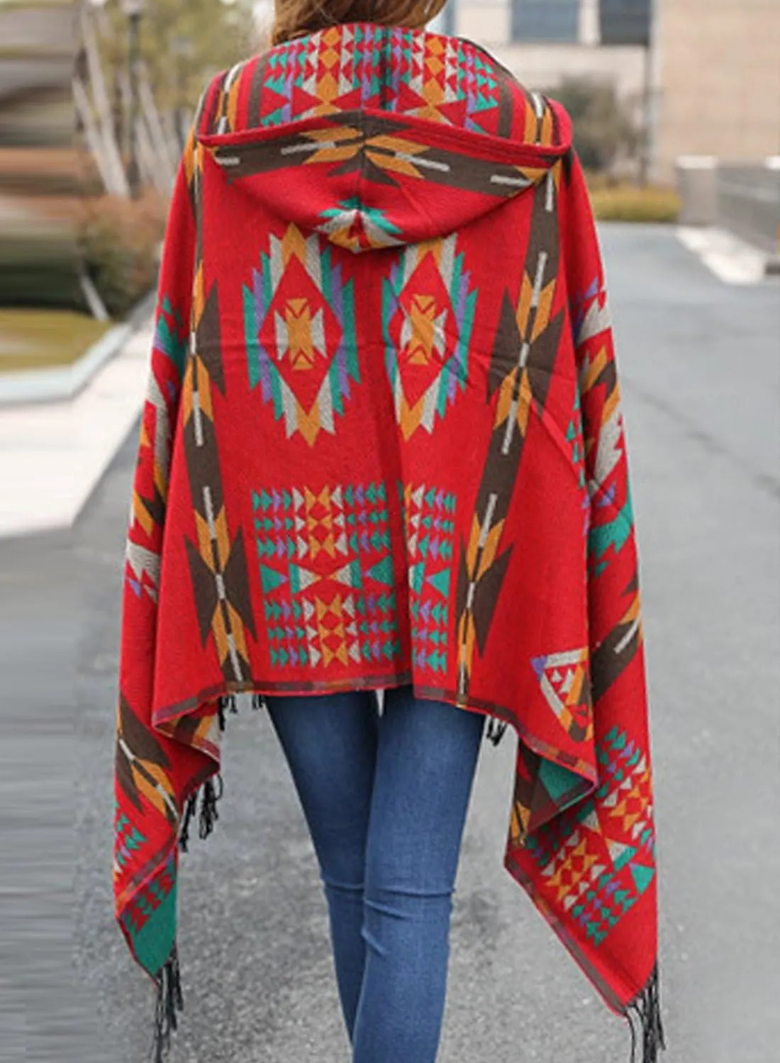 futurino Women's Bohemian Aztec Print Blanket Poncho Hoodie Cape Shawl with Tassels