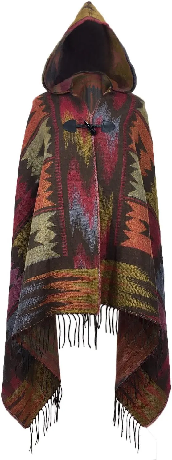 futurino Women's Bohemian Aztec Print Blanket Poncho Hoodie Cape Shawl with Tassels