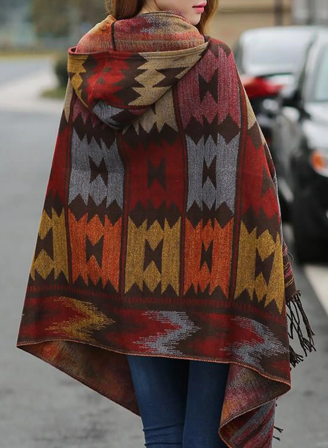 futurino Women's Bohemian Aztec Print Blanket Poncho Hoodie Cape Shawl with Tassels