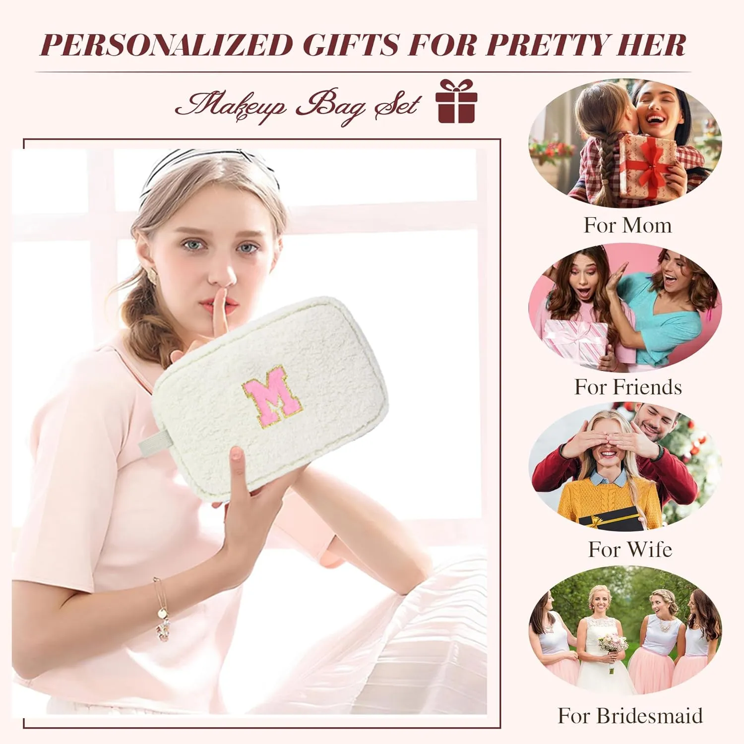 Gifts for Girls, Travel Makeup Bag for Women, Initial Make Up Bag Set for 6 7 8 9 10 11 12 13 Years Old Kids Tween Girls, Large Cosmetic Skincare Bags for Birthday Graduation Gifts, White A