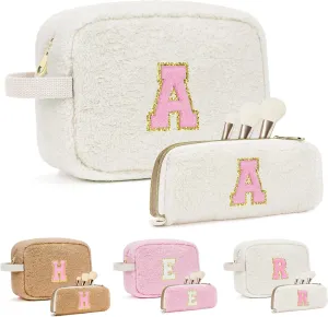 Gifts for Girls, Travel Makeup Bag for Women, Initial Make Up Bag Set for 6 7 8 9 10 11 12 13 Years Old Kids Tween Girls, Large Cosmetic Skincare Bags for Birthday Graduation Gifts, White A