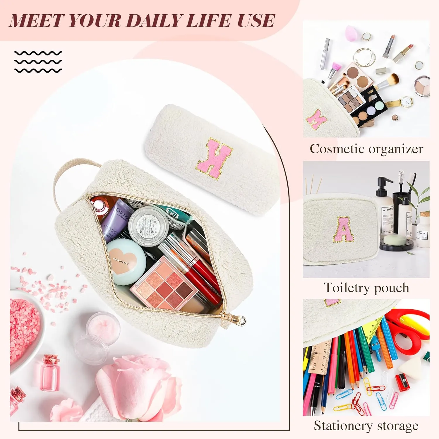 Gifts for Girls, Travel Makeup Bag for Women, Initial Make Up Bag Set for 6 7 8 9 10 11 12 13 Years Old Kids Tween Girls, Large Cosmetic Skincare Bags for Birthday Graduation Gifts, White A