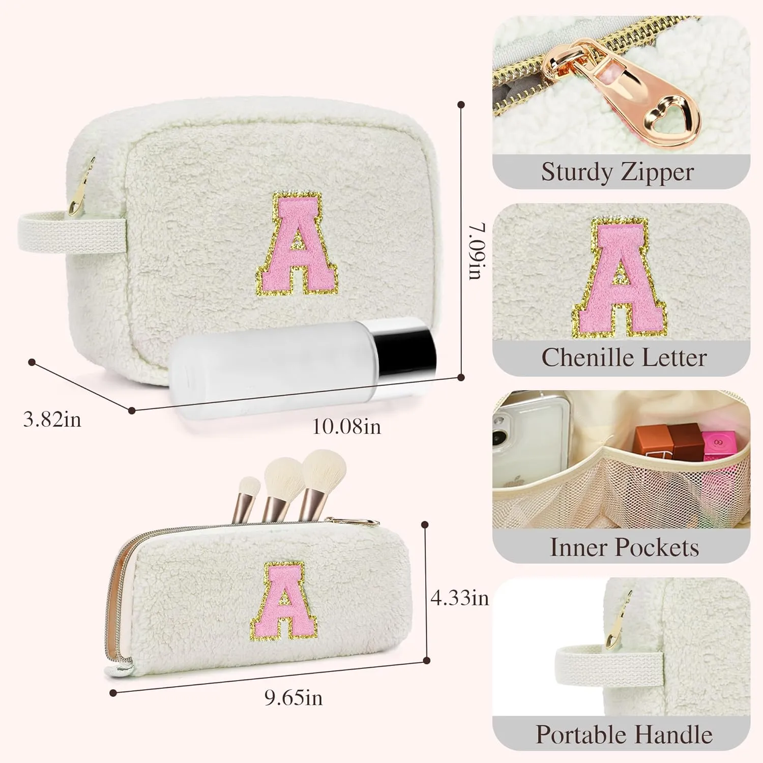 Gifts for Girls, Travel Makeup Bag for Women, Initial Make Up Bag Set for 6 7 8 9 10 11 12 13 Years Old Kids Tween Girls, Large Cosmetic Skincare Bags for Birthday Graduation Gifts, White A