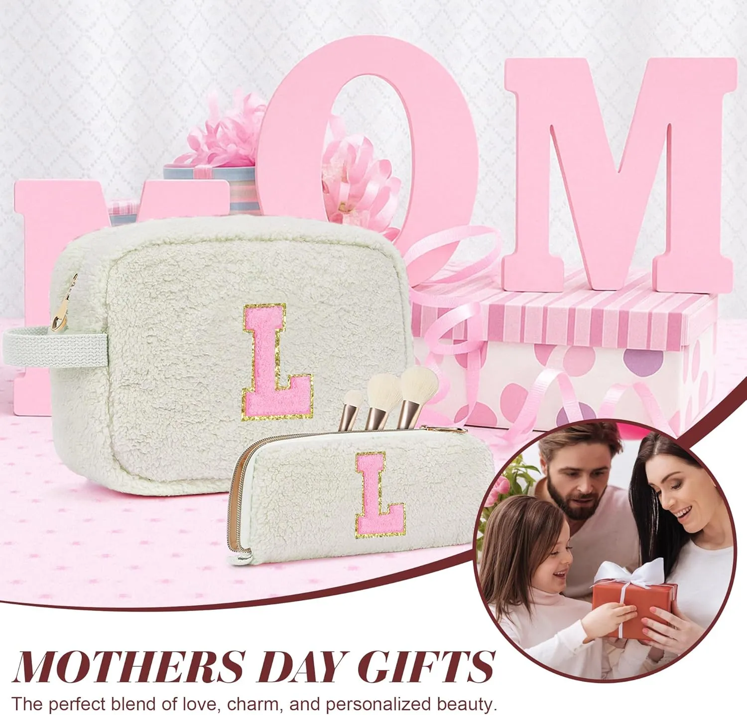 Gifts for Girls, Travel Makeup Bag for Women, Initial Make Up Bag Set for 6 7 8 9 10 11 12 13 Years Old Kids Tween Girls, Large Cosmetic Skincare Bags for Birthday Graduation Gifts, White M