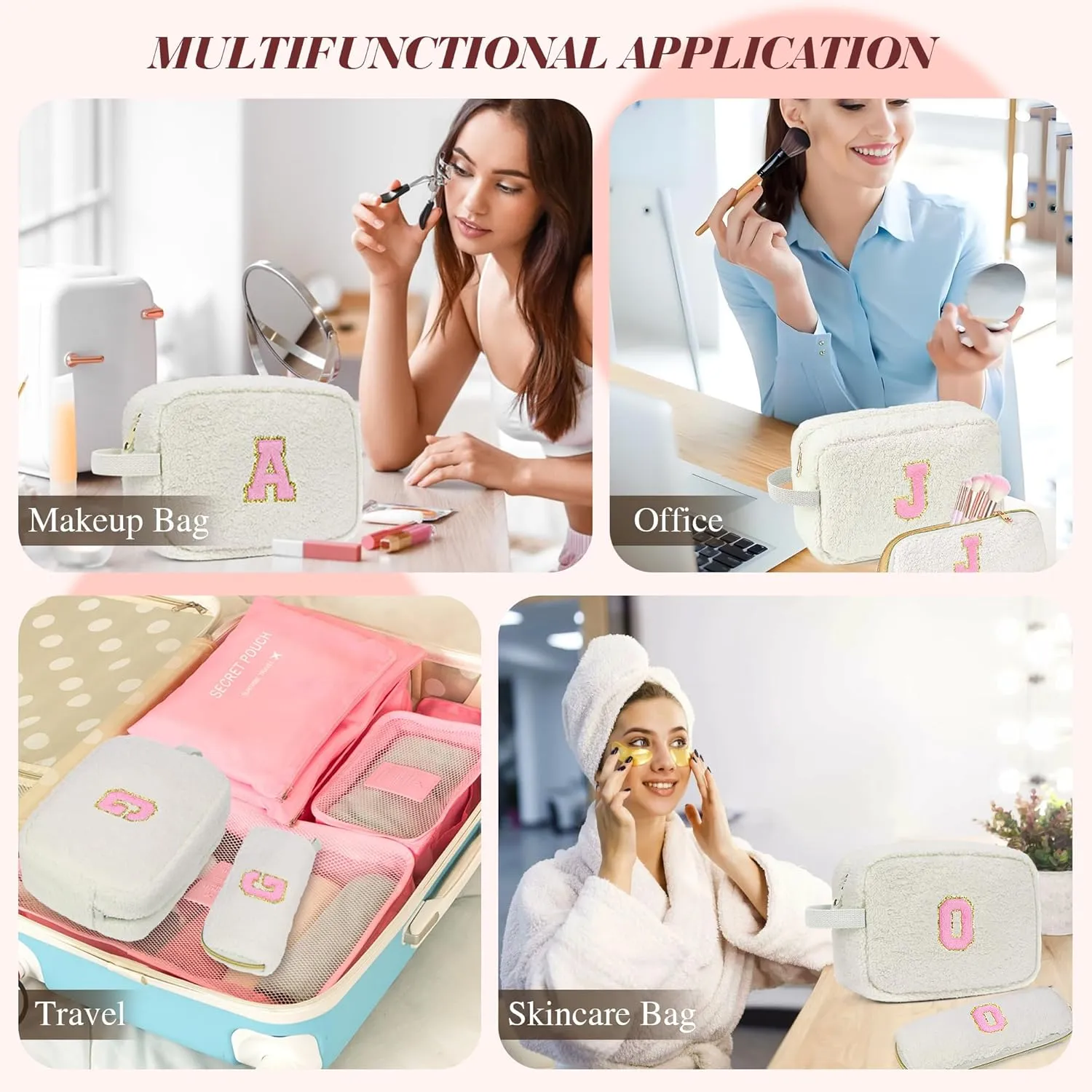 Gifts for Girls, Travel Makeup Bag for Women, Initial Make Up Bag Set for 6 7 8 9 10 11 12 13 Years Old Kids Tween Girls, Large Cosmetic Skincare Bags for Birthday Graduation Gifts, White M