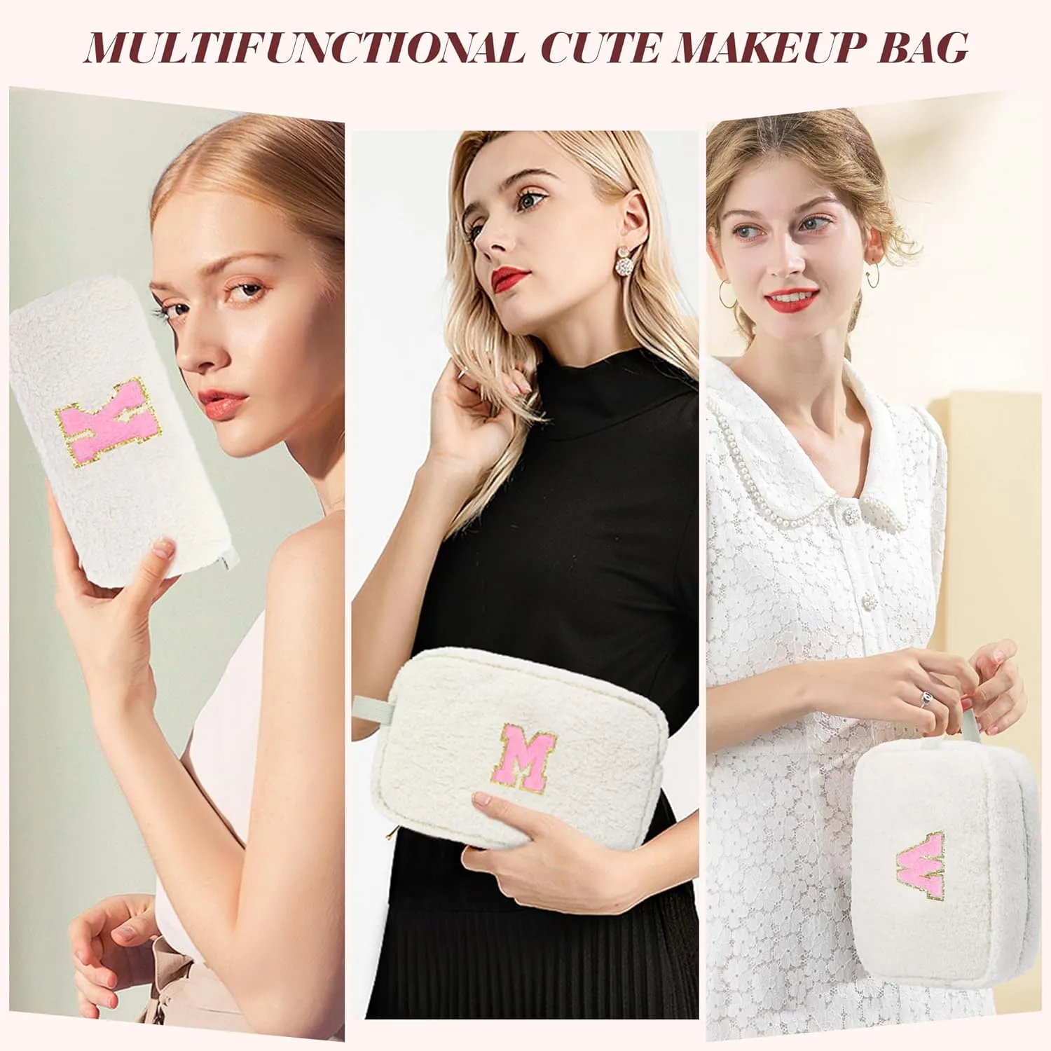 Gifts for Girls, Travel Makeup Bag for Women, Initial Make Up Bag Set for 6 7 8 9 10 11 12 13 Years Old Kids Tween Girls, Large Cosmetic Skincare Bags for Birthday Graduation Gifts, White M