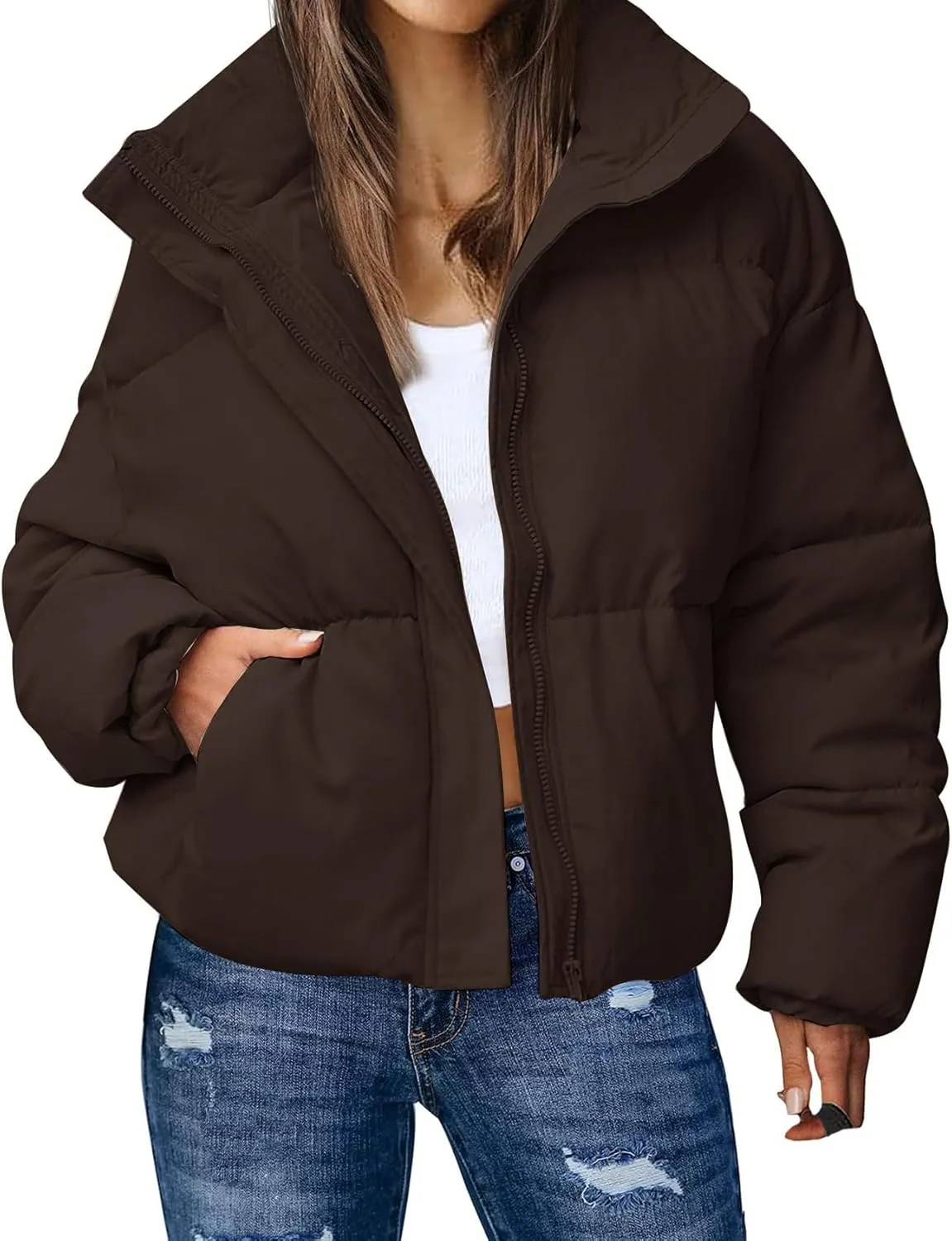 Gihuo Women's Winter Warm Puffer Jacket Stand Collar Baggy Zip Up Short Quilted Jacket Outerwear