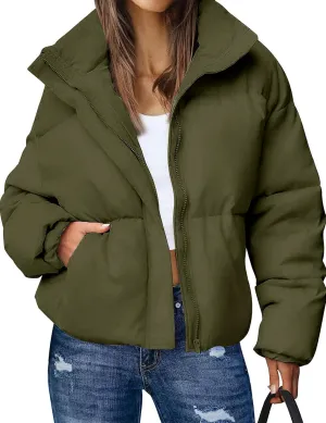 Gihuo Women's Winter Warm Puffer Jacket Stand Collar Baggy Zip Up Short Quilted Jacket Outerwear