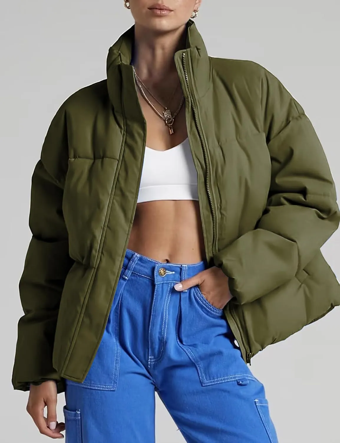 Gihuo Women's Winter Warm Puffer Jacket Stand Collar Baggy Zip Up Short Quilted Jacket Outerwear