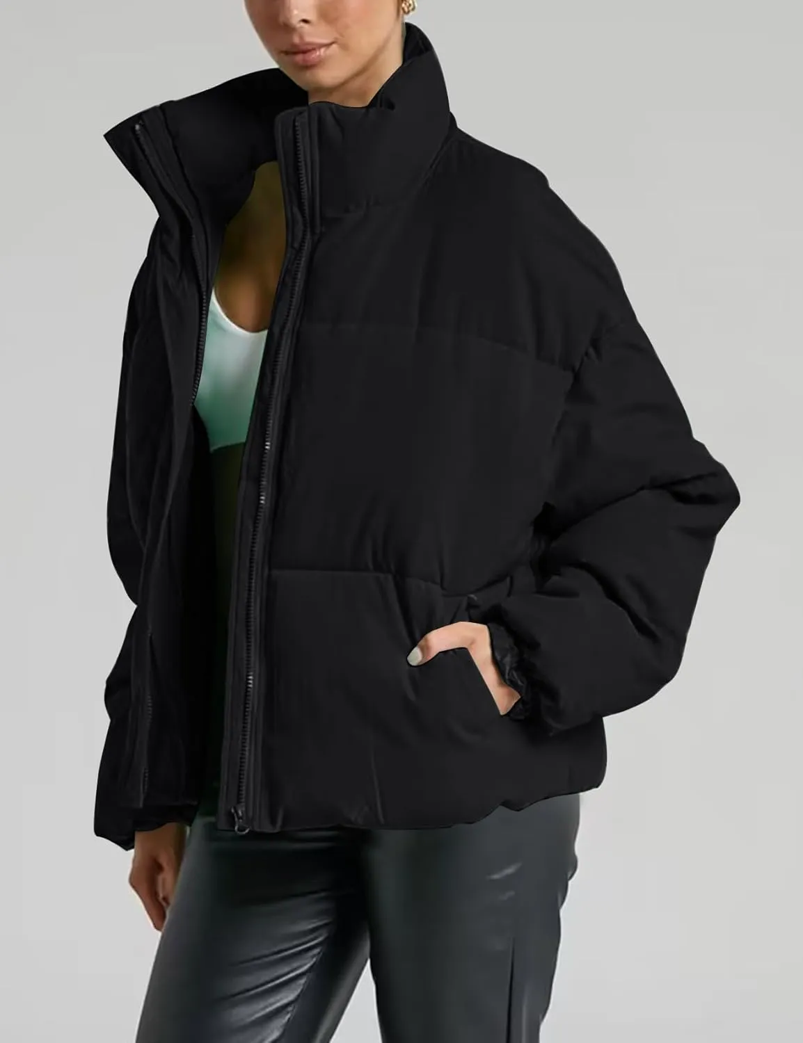 Gihuo Women's Winter Warm Puffer Jacket Stand Collar Baggy Zip Up Short Quilted Jacket Outerwear
