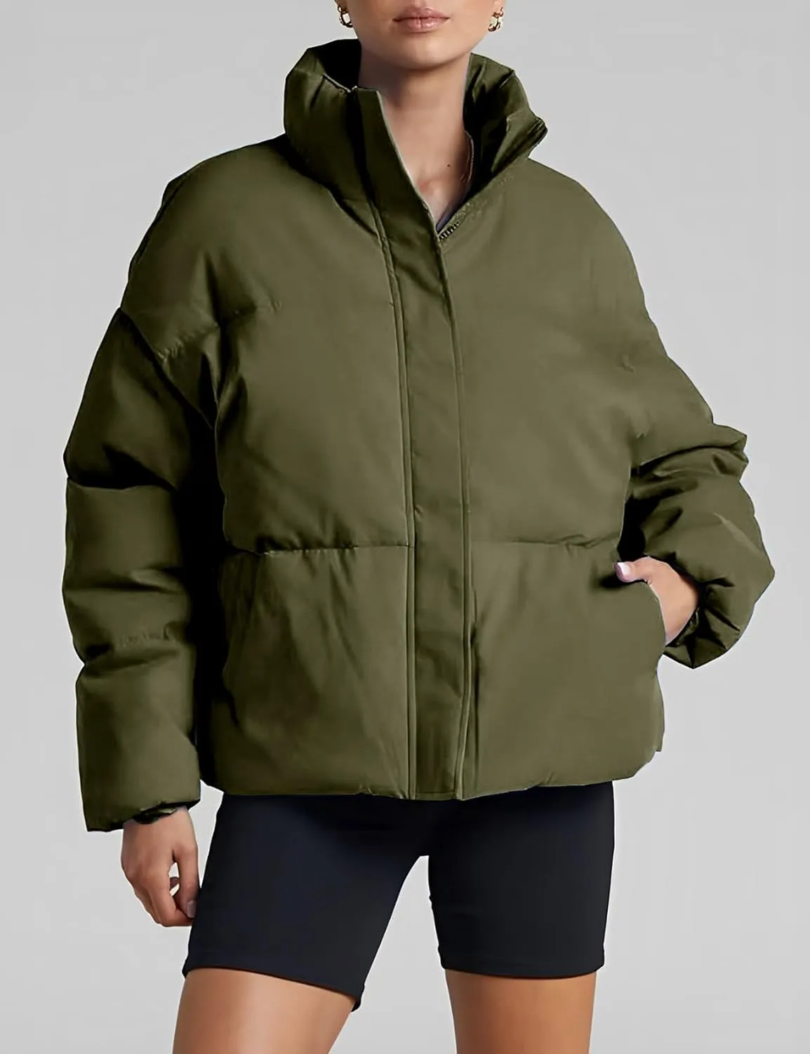 Gihuo Women's Winter Warm Puffer Jacket Stand Collar Baggy Zip Up Short Quilted Jacket Outerwear